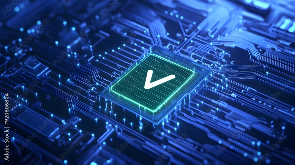 Close-up of a glowing green electronics chip on a circuit board with blue lighting. Represents technology, circuits, and digital innovation. Close-up of a glowing green electronics chip on a circuit board with blue lighting. Represents technology, circuits, and digital innovation.