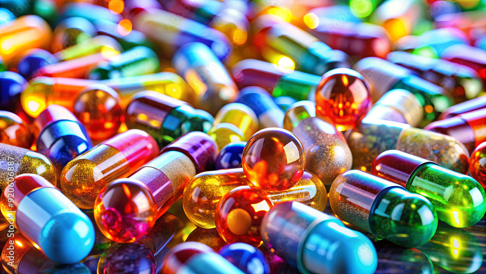 Brightly colored capsules and tablets are scattered across a reflective surface, highlighting their diverse shapes and hues Brightly colored capsules and tablets are scattered across a reflective surface, highlighting their diverse shapes and hues