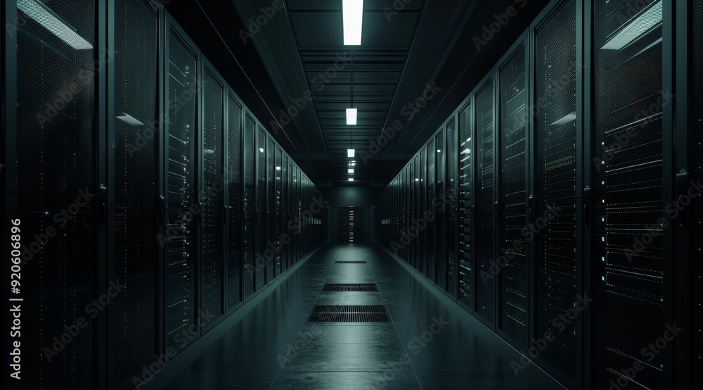 Fototapeta premium A shadowy corridor lined with server racks in a data center environment, evoking a profound sense of mystery