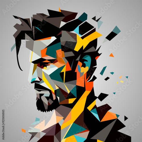 the human face of a man in an abstract style, cubic portrait drawing for graphics, posters,  and banners.