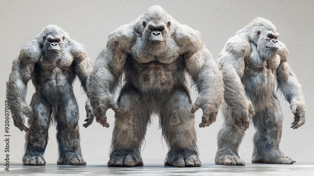 Fototapeta premium Three white hairy Bigfoot creatures standing against a white background.