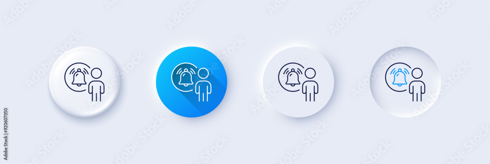 User notification line icon. Neumorphic, Blue gradient, 3d pin buttons. Alarm bell reminder sign. Message alert symbol. Line icons. Neumorphic buttons with outline signs. Vector User notification line icon. Neumorphic, Blue gradient, 3d pin buttons. Alarm bell reminder sign. Message alert symbol. Line icons. Neumorphic buttons with outline signs. Vector