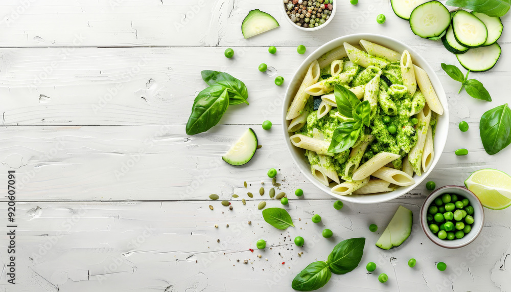 Obraz premium Penne Pasta with Pesto, Zucchini, and Green Peas on White Table