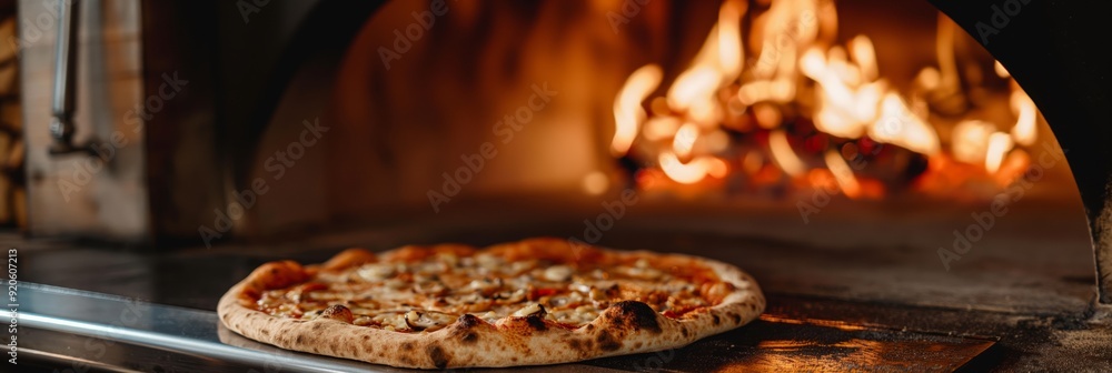 An artisanal pizza with toppings baking in a wood-fired, traditional brick oven, radiating warmth from the flames.