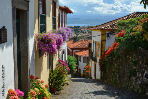 Colorful flowers decorating a narrow cobblestone street leading downhill in a european city on a sunny summer day