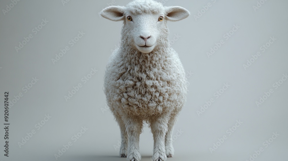 Obraz premium A fluffy white sheep stands looking directly at the camera with a soft, gentle expression.