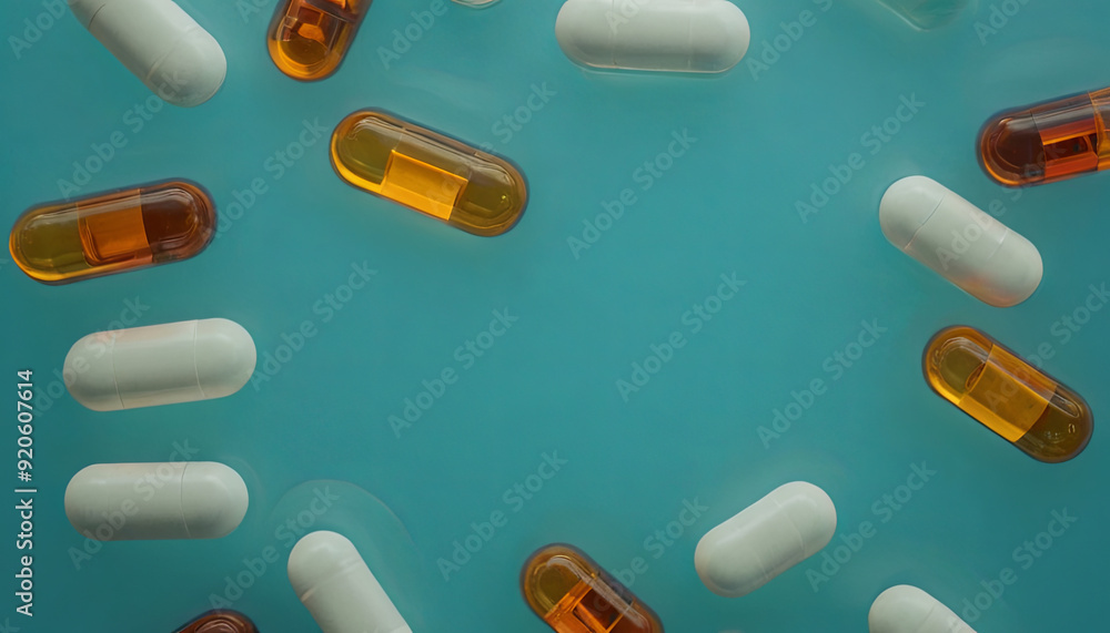 A diverse range of capsules in different colors and sizes is scattered on a bright blue surface, emphasizing themes of health and wellness