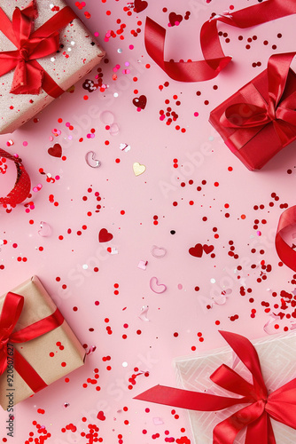 Top view of gifts for holidays in red boxes with ribbons and bow, valentines day celebration, expression of love on a pink background. Copy paste empty place for text. Vertical poster