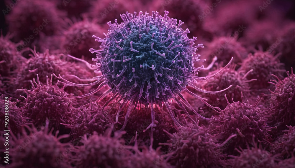 A vibrant cancer cell stands out amidst various surrounding cells, showcasing intricate details under a microscope A vibrant cancer cell stands out amidst various surrounding cells, showcasing intricate details under a microscope