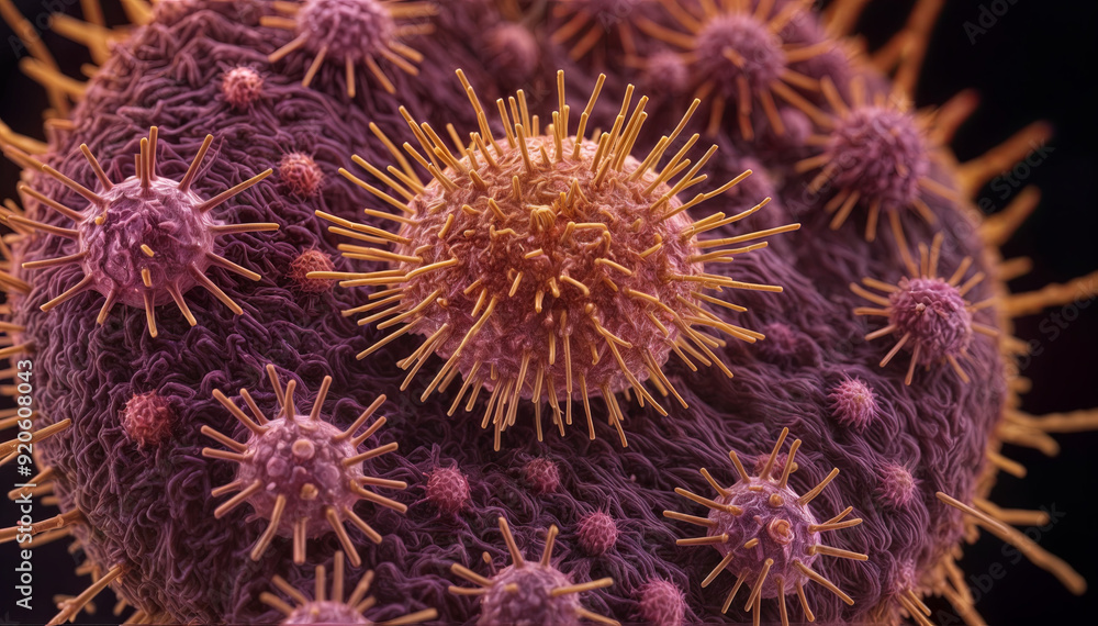 The close-up reveals a cluster of viruses with detailed surface features and vibrant colors, emphasizing their complex structures The close-up reveals a cluster of viruses with detailed surface features and vibrant colors, emphasizing their complex structures