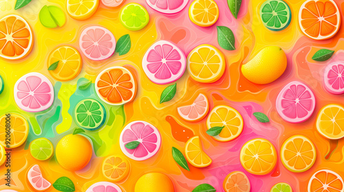 Lemons, oranges, and leaves burst in a vibrant pattern against a playful pink-to-yellow gradient.