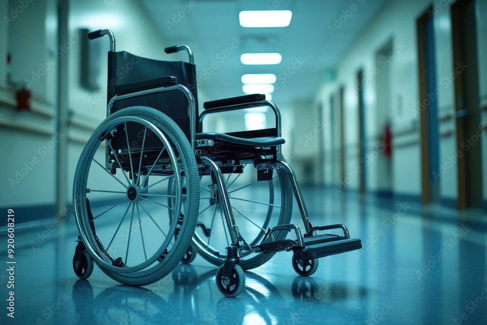 Empty Wheelchair in Hospital Corridor Reflecting Healthcare and Accessibility Concepts Empty Wheelchair in Hospital Corridor Reflecting Healthcare and Accessibility Concepts