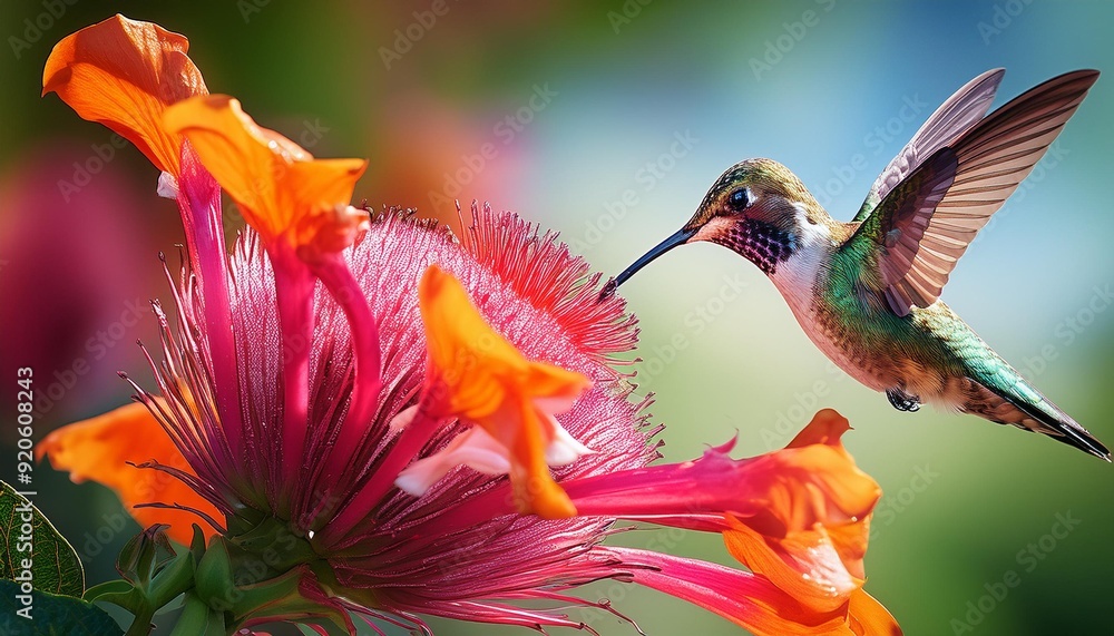 Naklejka premium 3D view, a hummingbird at a flower