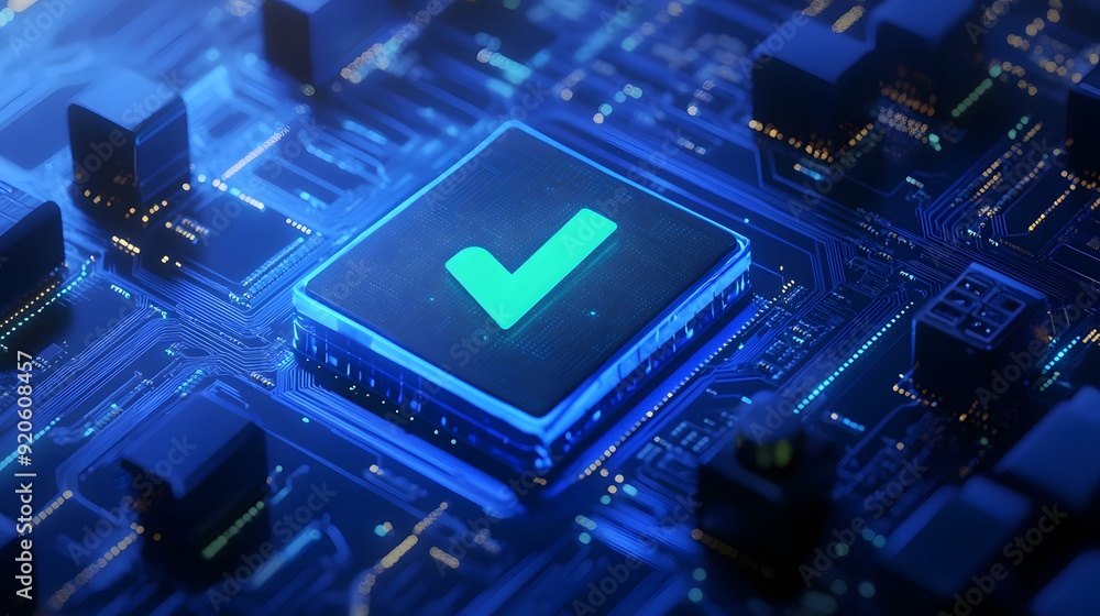 Close-up of an electronic circuit board with a glowing checkmark symbol, representing system validation, security, or approval in technology. Close-up of an electronic circuit board with a glowing checkmark symbol, representing system validation, security, or approval in technology.