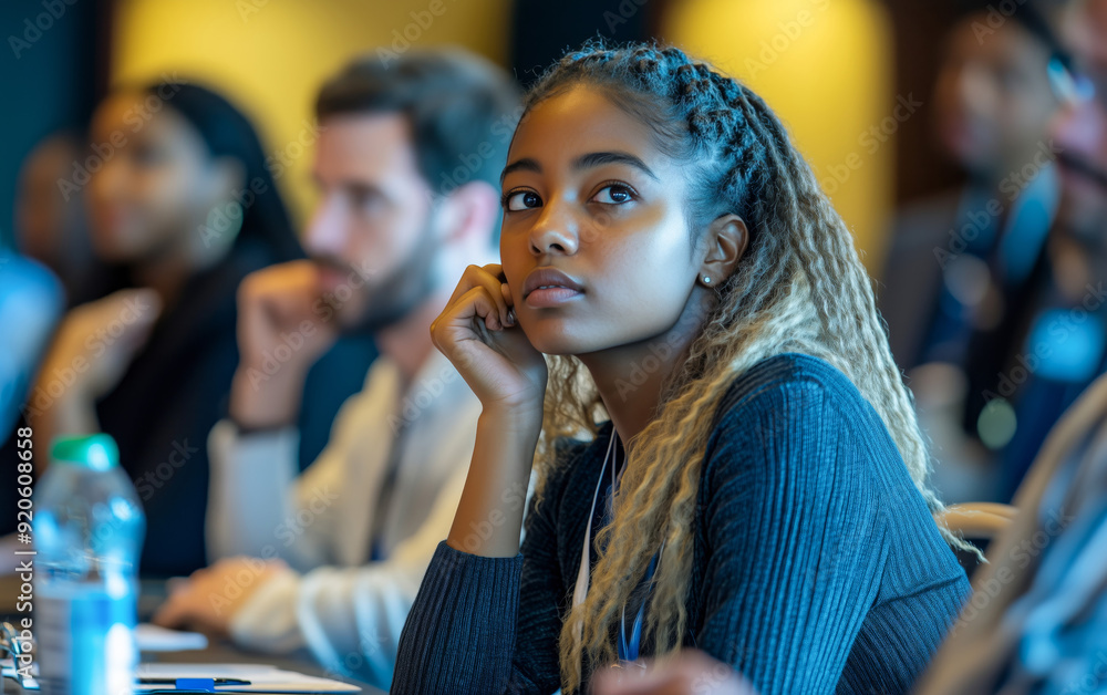 Fototapeta premium A focused young Black woman with blonde dreadlocks, in blue sweater and white shirt, listens intently at a business conference table.