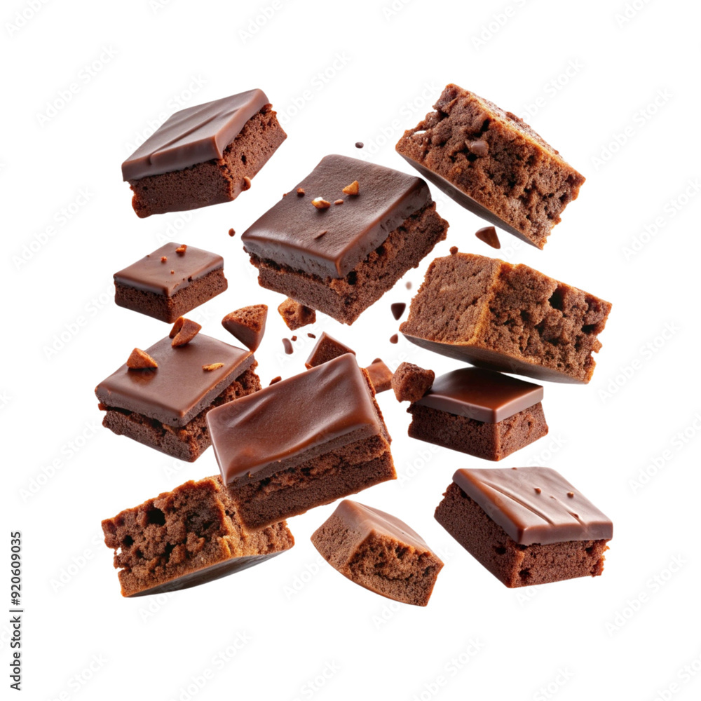 Levitating milk chocolate chunks isolated on white background. Flying Chocolate pieces, shavings and cocoa crumbs Top view. Levitating milk chocolate chunks isolated on white background. Flying Chocolate pieces, shavings and cocoa crumbs Top view.
