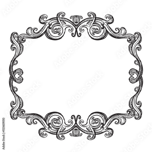 Hand drawing sketch of ornate design element. Abstract baroque style. Vector isolated engraving illustration. Vintage ornate element in old fashioned style for decoration, print and design.