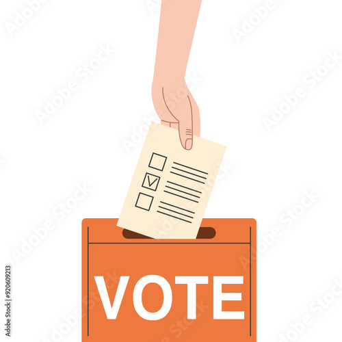 Voting, elections USA 2024. Hands putting ballots in the ballot box. Vector flat illustration isolated on white background