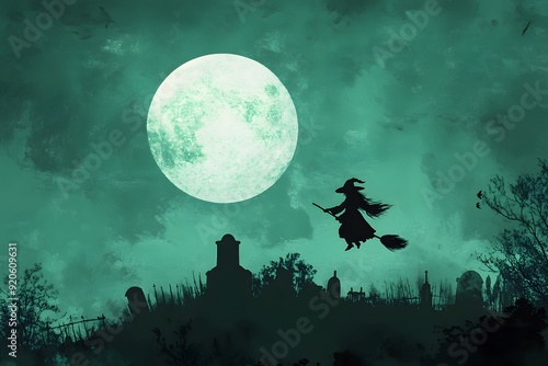 green halloween banner with witch flying riding broomstick accross cemetery and fullmoon as background photo