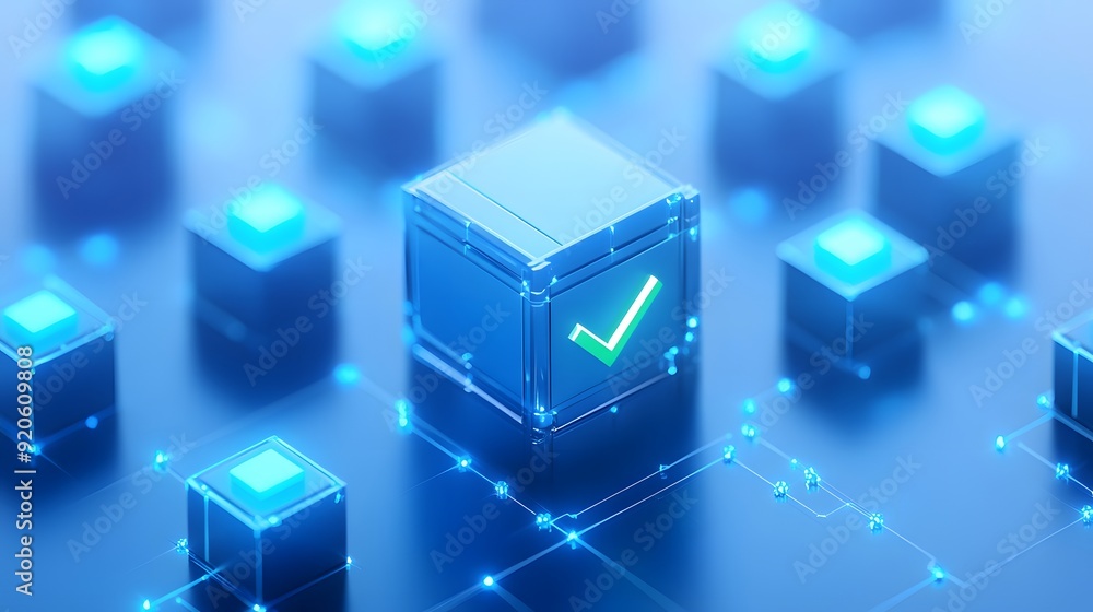 Digital blockchain technology concept with glowing cubes and checkmark in blue, representing secure data and futuristic solutions. Digital blockchain technology concept with glowing cubes and checkmark in blue, representing secure data and futuristic solutions.