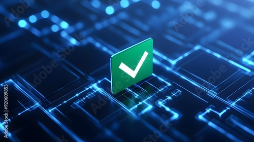 Digital check mark icon on a futuristic circuit board, representing approval, security, and verification in technology. photo