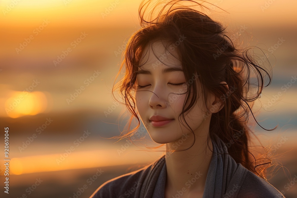 Young woman with brown hair in the wind at sunset, eyes closed, looking serene. Young woman with brown hair in the wind at sunset, eyes closed, looking serene.