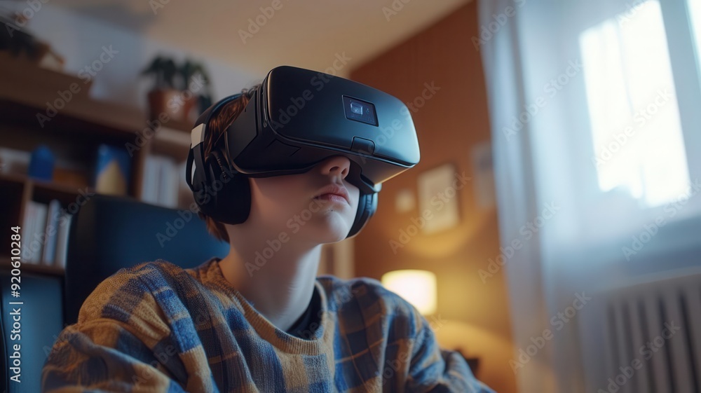 A young boy immersed in virtual reality, exploring new digital worlds with a VR headset and headphones in a cozy setting. A young boy immersed in virtual reality, exploring new digital worlds with a VR headset and headphones in a cozy setting.