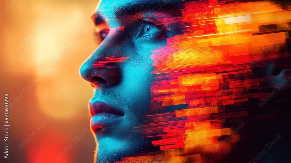 Futuristic Portrait of a Man with Digital Art and Neon Glitch Effects Futuristic Portrait of a Man with Digital Art and Neon Glitch Effects