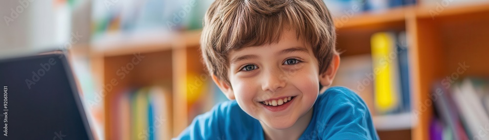 Happy young boy smiles while studying at a desk, surrounded by colorful books and a laptop, showcasing a bright learning environment.