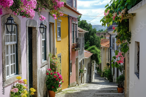 Narrow cobblestone street featuring colorful houses with flowers growing on them on a sunny summer day