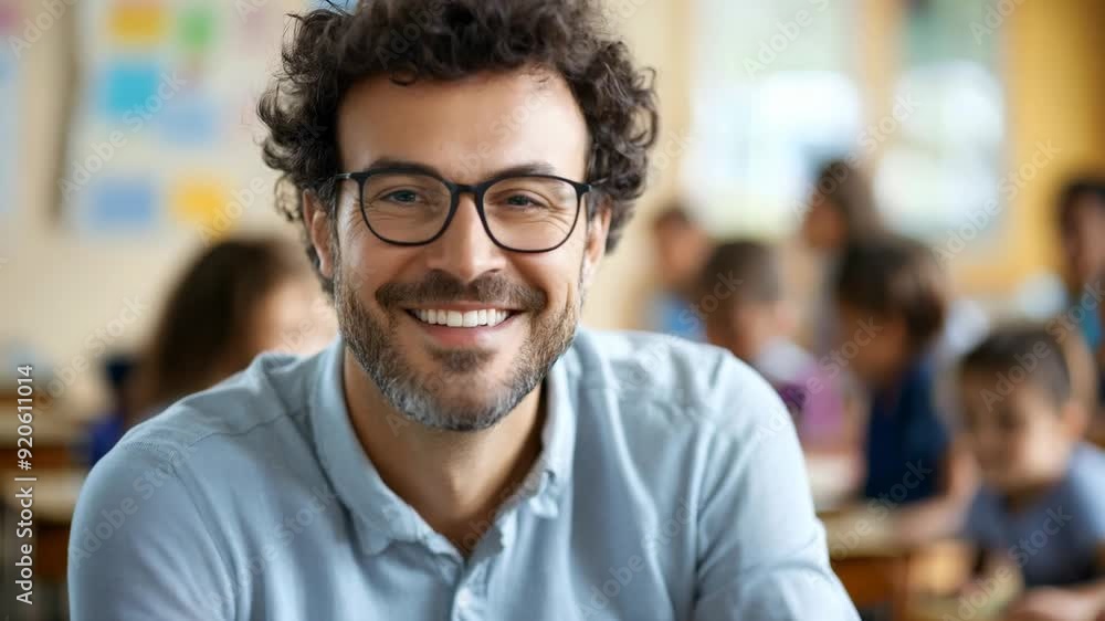 Teacher smiling and looking at camera, students in a bright classroom during a lesson Teacher smiling and looking at camera, students in a bright classroom during a lesson