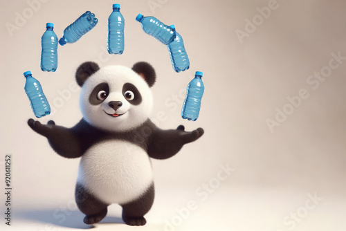 Panada juggles plastic bottles. Space for text.