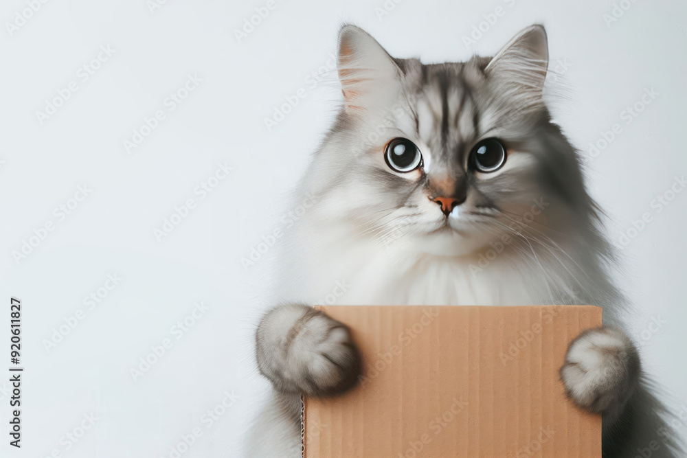 The cat is holding a blank cardboard. Space for text. The cat is holding a blank cardboard. Space for text.