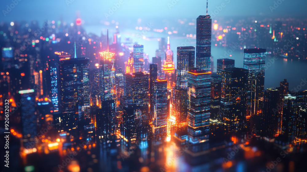 Aerial view of a vibrant cityscape with illuminated skyscrapers at dusk, showcasing urban life and architectural marvels reflecting in the water. Aerial view of a vibrant cityscape with illuminated skyscrapers at dusk, showcasing urban life and architectural marvels reflecting in the water.