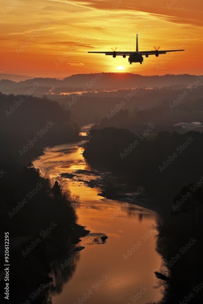 Fototapeta premium Military Transport Aircraft Gliding Over Scenic River Dusk