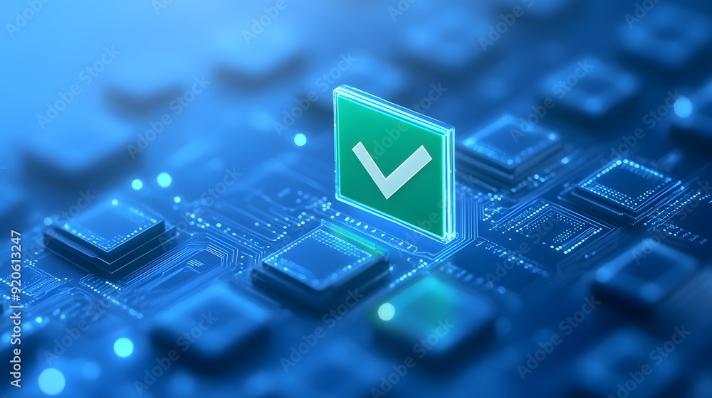 Digital technology with a green checkmark symbol indicating approval on a blue circuit board background, symbolizing quality assurance. Digital technology with a green checkmark symbol indicating approval on a blue circuit board background, symbolizing quality assurance.