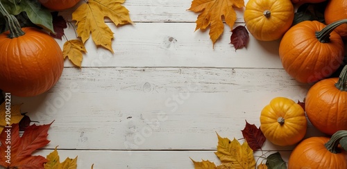 Festive autumn composition from pumpkins andcolorful leaves on a white wooden background. Thanksgiving day photo