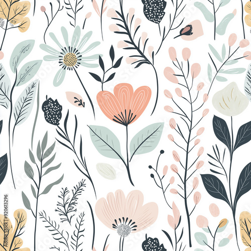a seamless floral pattern with stylized flowers and leaves in pastel shades