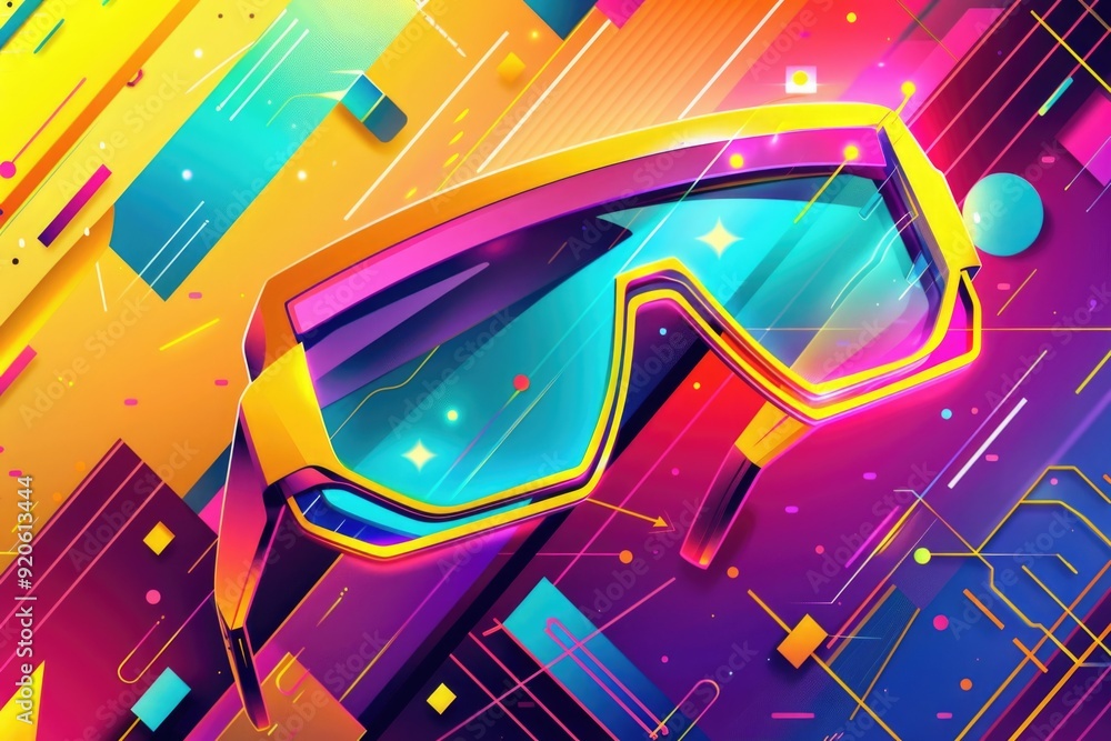 Abstract digital artwork of neon sunglasses with angular lines and geometric shapes on a colorful, bright background. Abstract digital artwork of neon sunglasses with angular lines and geometric shapes on a colorful, bright background.