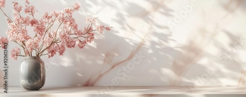 Modern Pink flowers in a gray vase with shadow light background,  For your design, pastel concept, commercial use photo