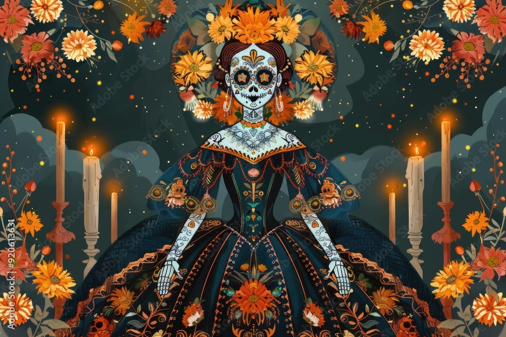 Fototapeta premium Queen of Dia de los Muertos in colorful, embroidered dress with a floral crown, painted calavera face, holding marigolds, surrounded by traditional elements. Day of the Dead. AI