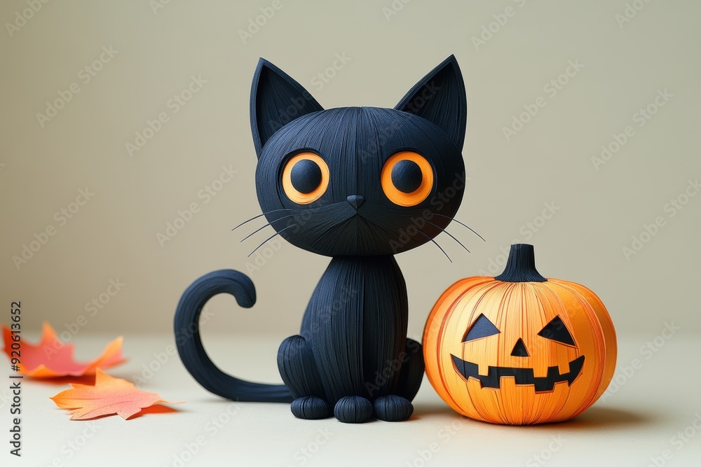 Obraz premium Whimsical Paper Art Black Cat with Pumpkin Halloween Design