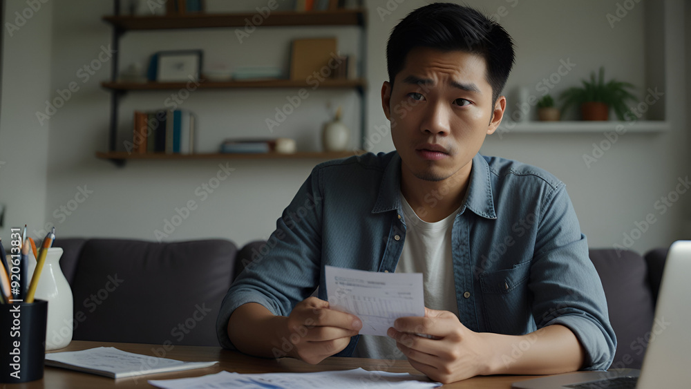 Financial concept, owe Asian young man sitting suffer, stressed and confused by calculate expense from invoice credit card bill Financial concept, owe Asian young man sitting suffer, stressed and confused by calculate expense from invoice credit card bill