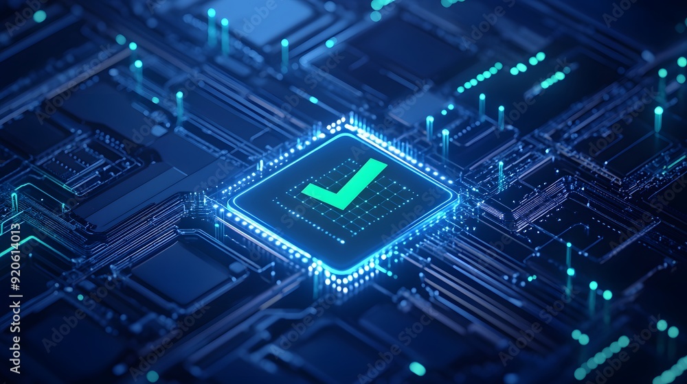Futuristic blue circuit board with a glowing green checkmark symbol, representing technology, security, and data verification. Futuristic blue circuit board with a glowing green checkmark symbol, representing technology, security, and data verification.