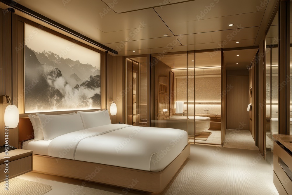 Luxurious Modern Hotel Suite with Mountain View in Warm Earth Tones Luxurious Modern Hotel Suite with Mountain View in Warm Earth Tones