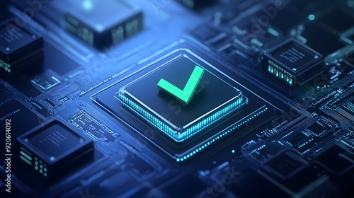 Futuristic circuit board with a glowing checkmark, symbolizing technology approval or validation in a digital context.