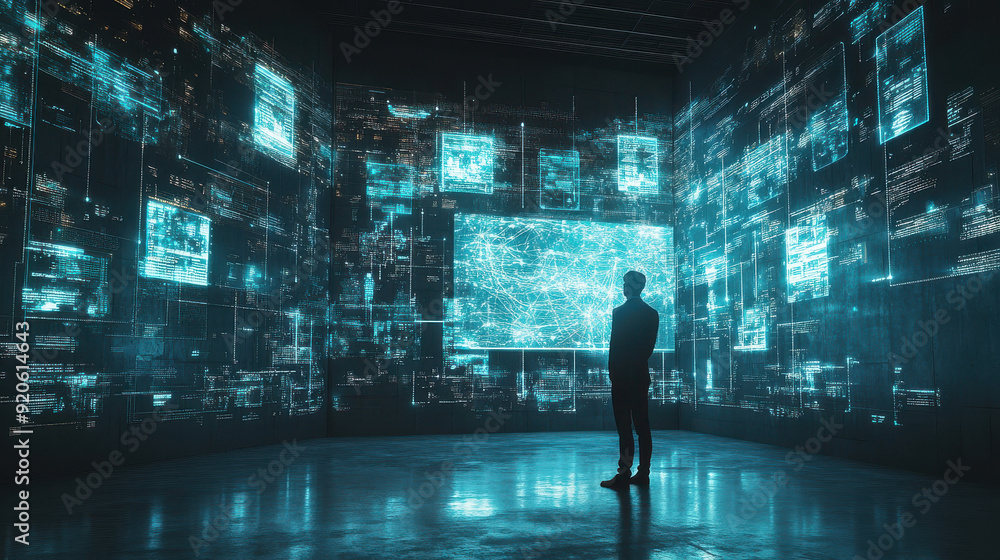 Obraz premium Silhouette of a person standing in a room surrounded by digital screens displaying data with a futuristic blue glow.