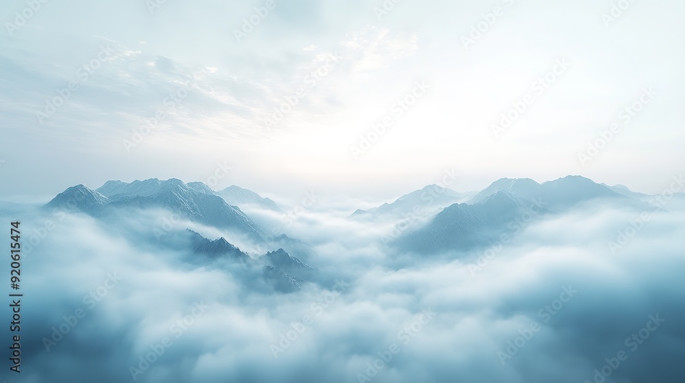 a wide shot of the top view of mountains covered in snow, clouds and blue sky a wide shot of the top view of mountains covered in snow, clouds and blue sky