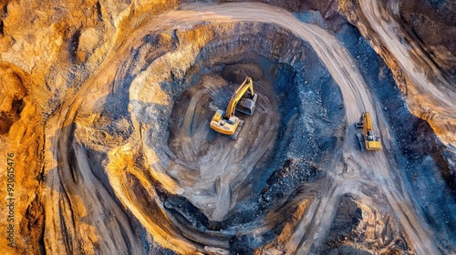 Aerial view of an expansive gold mining operation with winding roads and excavators