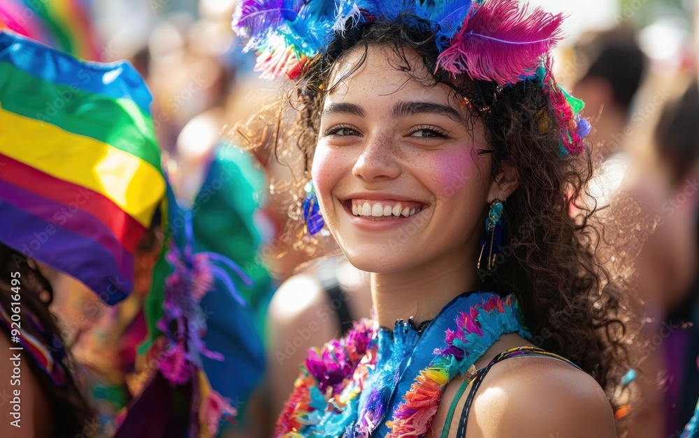 Cheerful young woman with LGBTQ smiling and taking selfie on street during pride festival in city. Cheerful young woman with LGBTQ smiling and taking selfie on street during pride festival in city.